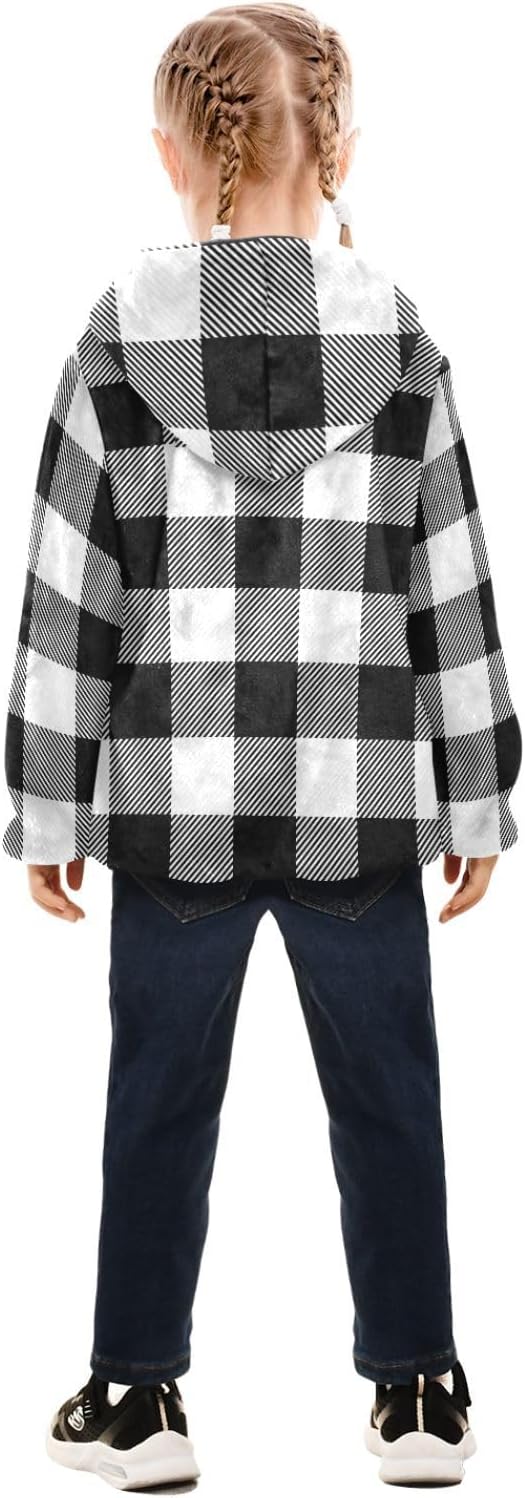 GuoChe White and Black Buffalo Plaid Tartan Check Scotland Toddler Boy Fleece Jacket
