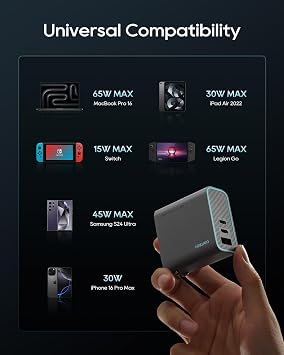CUKTECH 65W USB C Charger, 3-Port Compact and Foldable Fast Charger Block, GaN Wall Charger Adapter for iPhone 16/15/14/13, MacBook Pro/Air, Galaxy S24/23/22, iPad, Pixel, iWatch, etc (Grey)