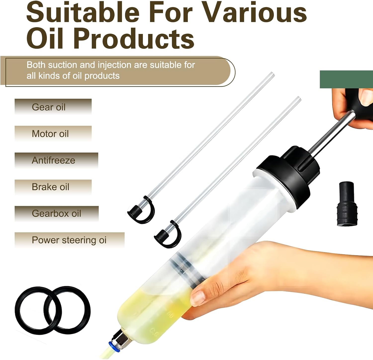 Car Power Steering Fluid Extractor, 200cc Oil Suction Pump, Manual Extraction Oil Syringe with 2 Hoses, Universal for Most Cars (White)