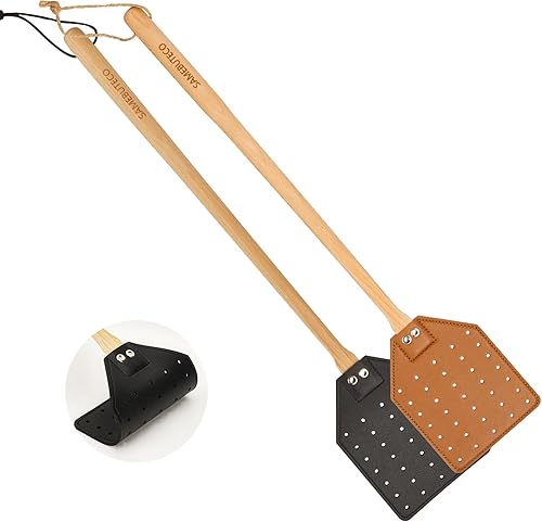 Juego de matamoscas de cuero de alta resistencia 1 gris y 1 negro incluido, atrapador de insectos eficaz de 19.7 pulgadas con banco de mango de