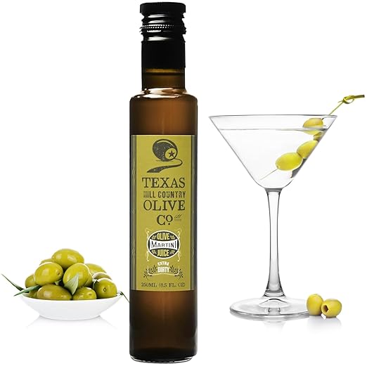 Texas Hill Country Olive Co. Extra Dirty Martini Olive Juice – Premium Olive Brine for Bold Flavor, Classic Cocktail Mixer & Home Bar Essential – Made in Texas (8.5 Fl Oz)