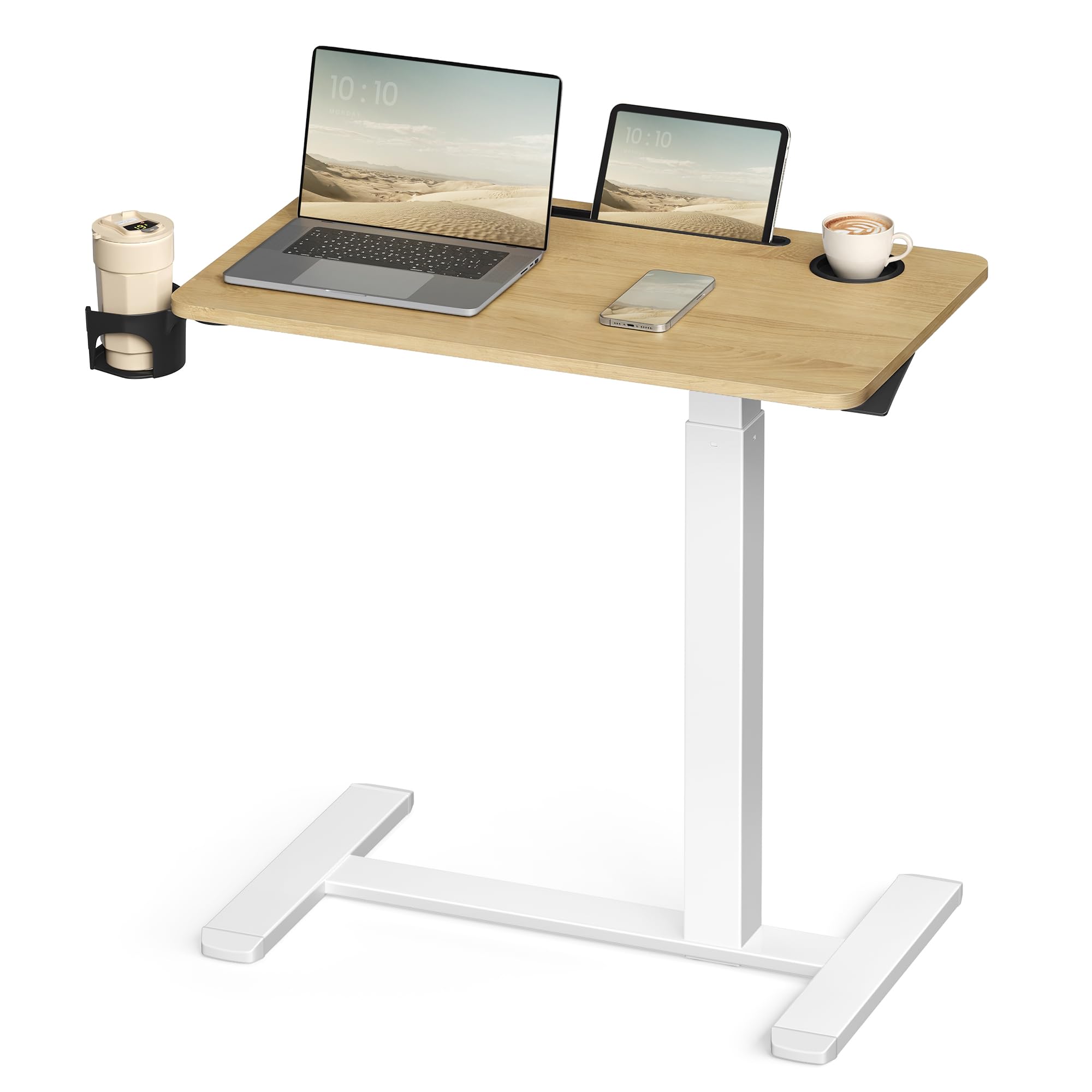 VASAGLE Overbed Table with Wheels, Small Standing Desk, 70 x 40 cm Tabletop, Adjustable Height, 2 Cup Holders, Phone and Tablet Slot, Oak and Matte White LSD600YA01
