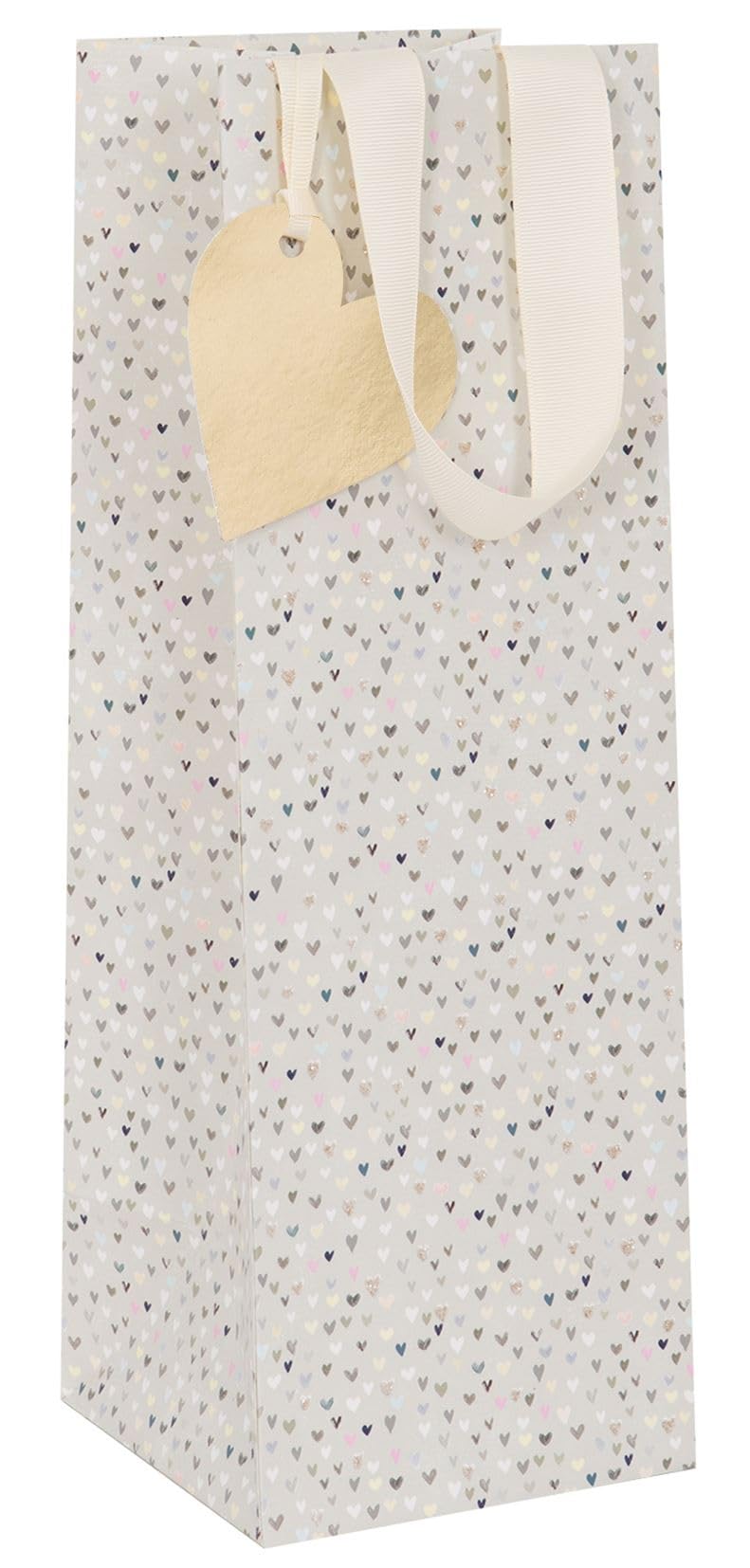 Glick Luxury Bottle Gift Bag, Hearts, for Birthdays, Wedding, Engagement, Anniversary, 110 x 340 x 100mm, Cream
