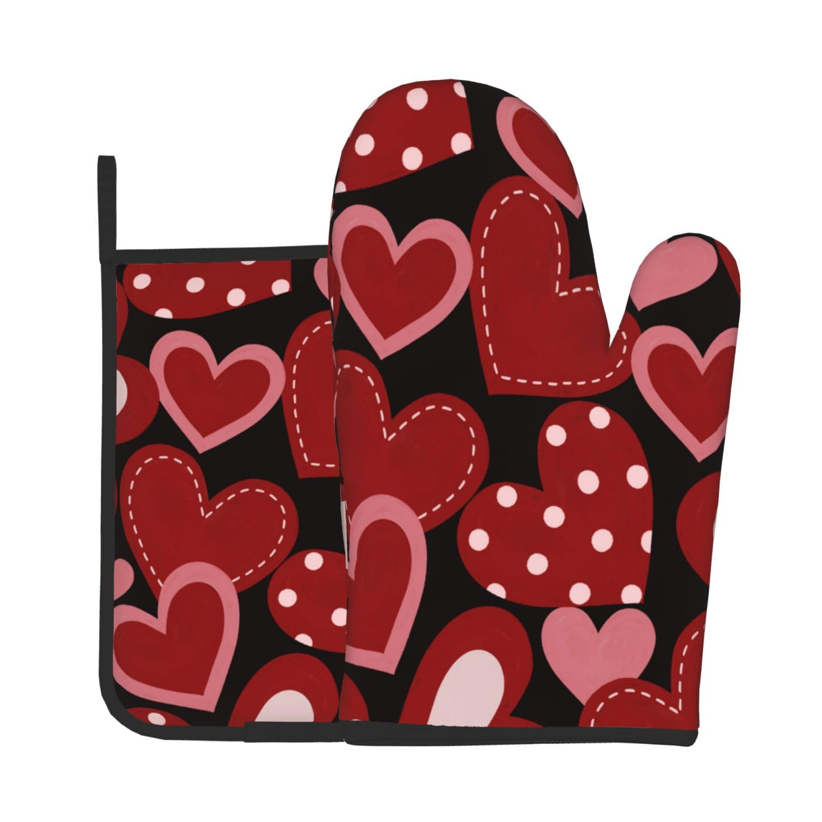 Valentines Oven Mitts and Pot Holders Sets Red Love Heart Oven Mitts Heat Resistant Romantic Valentine Day Kitchen Gloves Vintage Hot Pads Two Piece Set for Cooking Baking Grilling BBQ