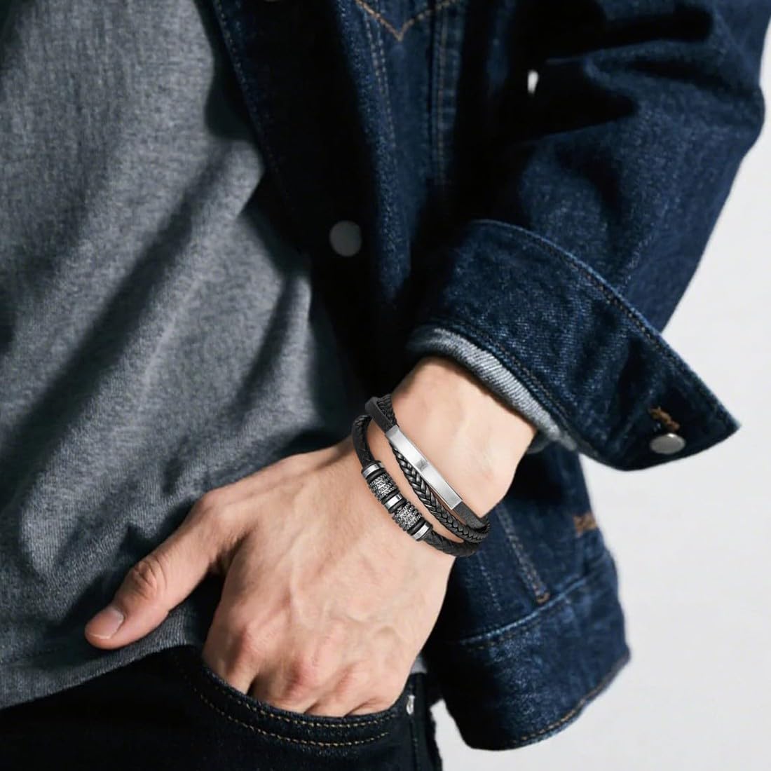 Braccialetto Uomo In Pelle, Bracciale Uomo Personalizzato Nero, Bracciale Uomo Cuoio 21cm, Braccialetti Papà Regalo Uomo Gioielleria, Idea Regalo Per Lui Festa Del Papà Natale Compleanno