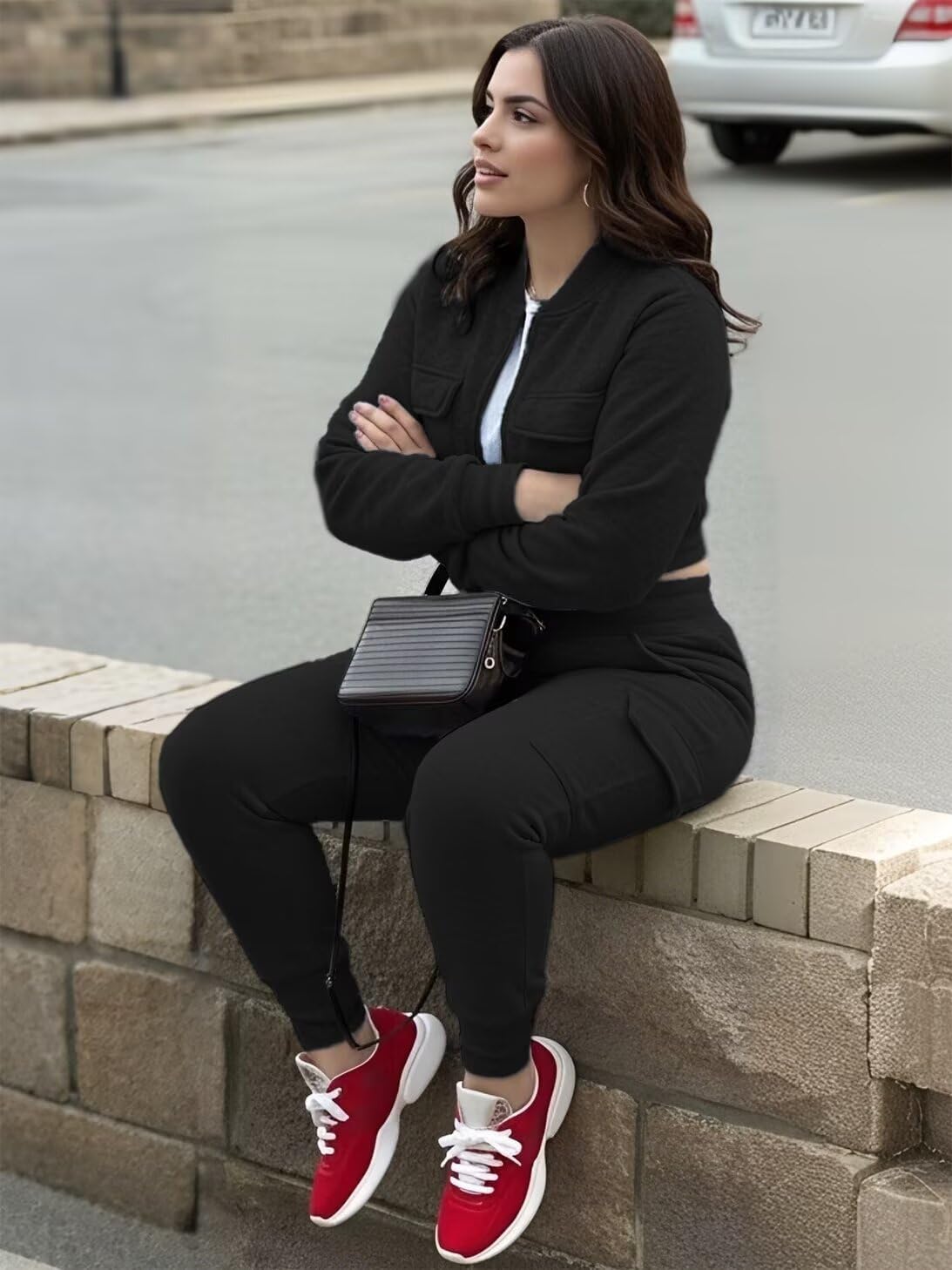 Womens 2 Piece Outfits Tracksuits Zip Up Crop Tops Sweatsuit Long Sleeve Jacket Stacked Jogger Cargo Pants Set with 6 Pockets - Image 6