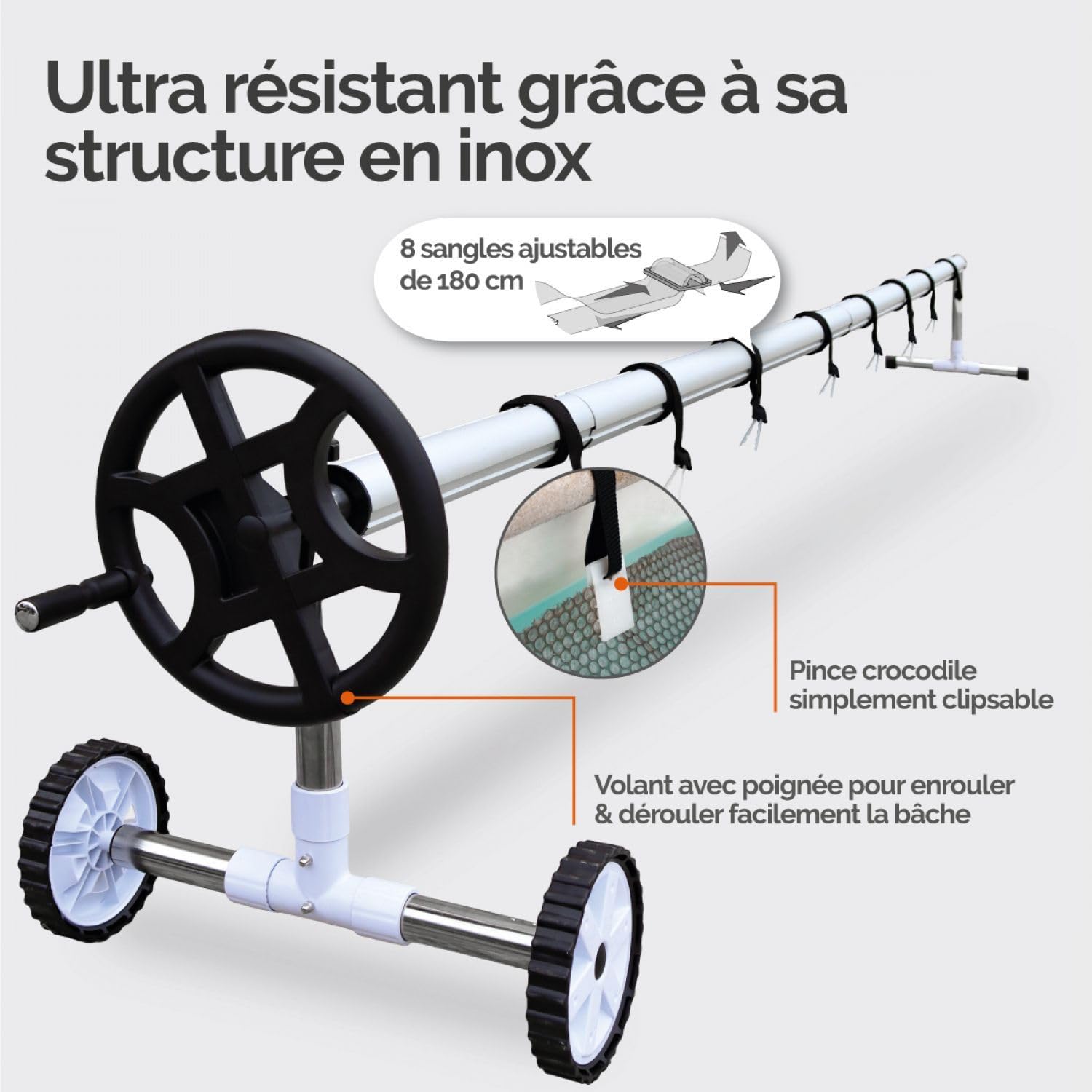 Linxor - Enrouleur de bâche à Bulles pour Piscine Extensible de 1 m à 6 m + Système d'attache