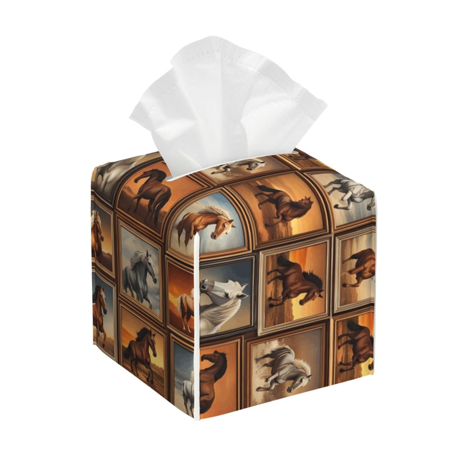 Horse Lover Horses Print Leather Tissue Box Cover Holder Square Facial Paper Organizer 5.2" X 5.2" X 5.2"