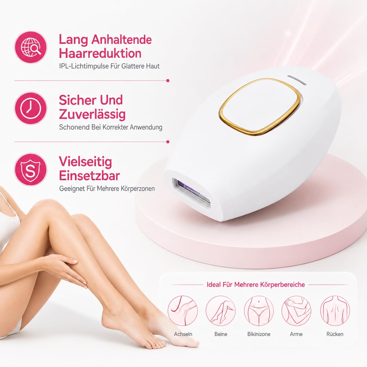 Solippy Loop IPL Haarentfernung Haarentfernungsgerät Mit 5 Energiestufen Hautkontaktsensor Für Gesicht Beine Achseln Bikinizone (Rosa)