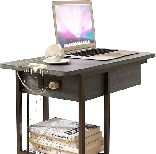 Miniatura 14 de LIDYUK Mesa auxiliar en forma de C con estación de carga, mesa auxiliar abatible con puertos USB y tomas, mesa de sofá con estante de almacenamiento