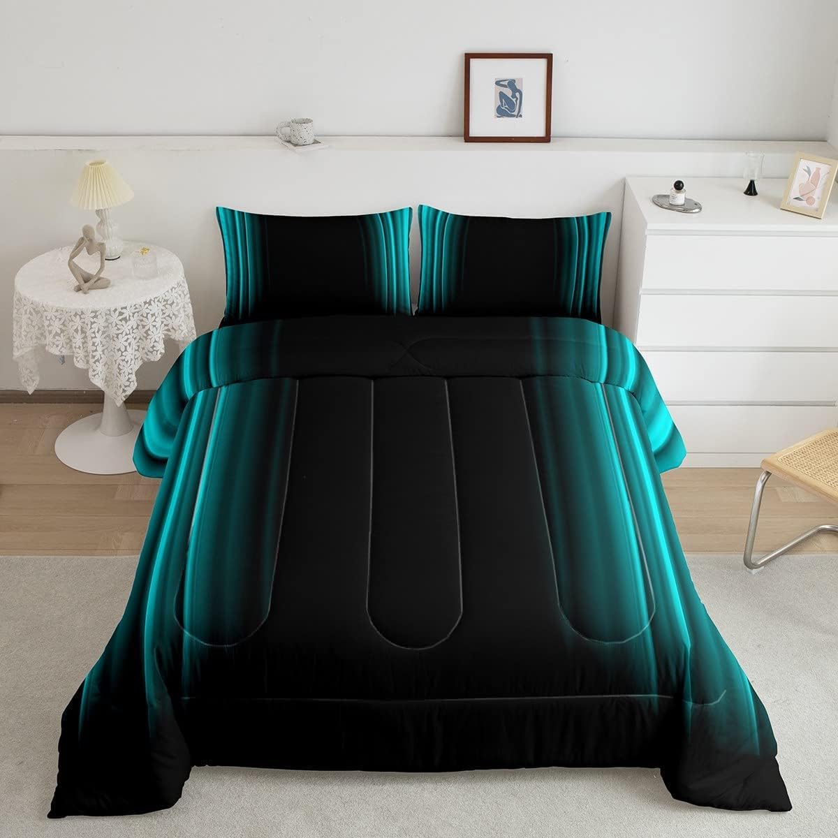 Feelyou Geometric Abstract Ombre Comforter Set Kids Teens Teal and Black Striped Bedding Bed Set Decor Modern Fashion Comforter Inner Fill Bedroom Collection 3Pcs Full Size
