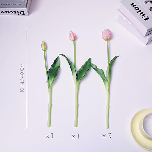 Miniatura 2 de WAKISAKI Tulipanes de tacto real de 16 pulgadas Premium, flores artificiales con capullos, tallo flexible fácil de moldear, tulipanes de imitación