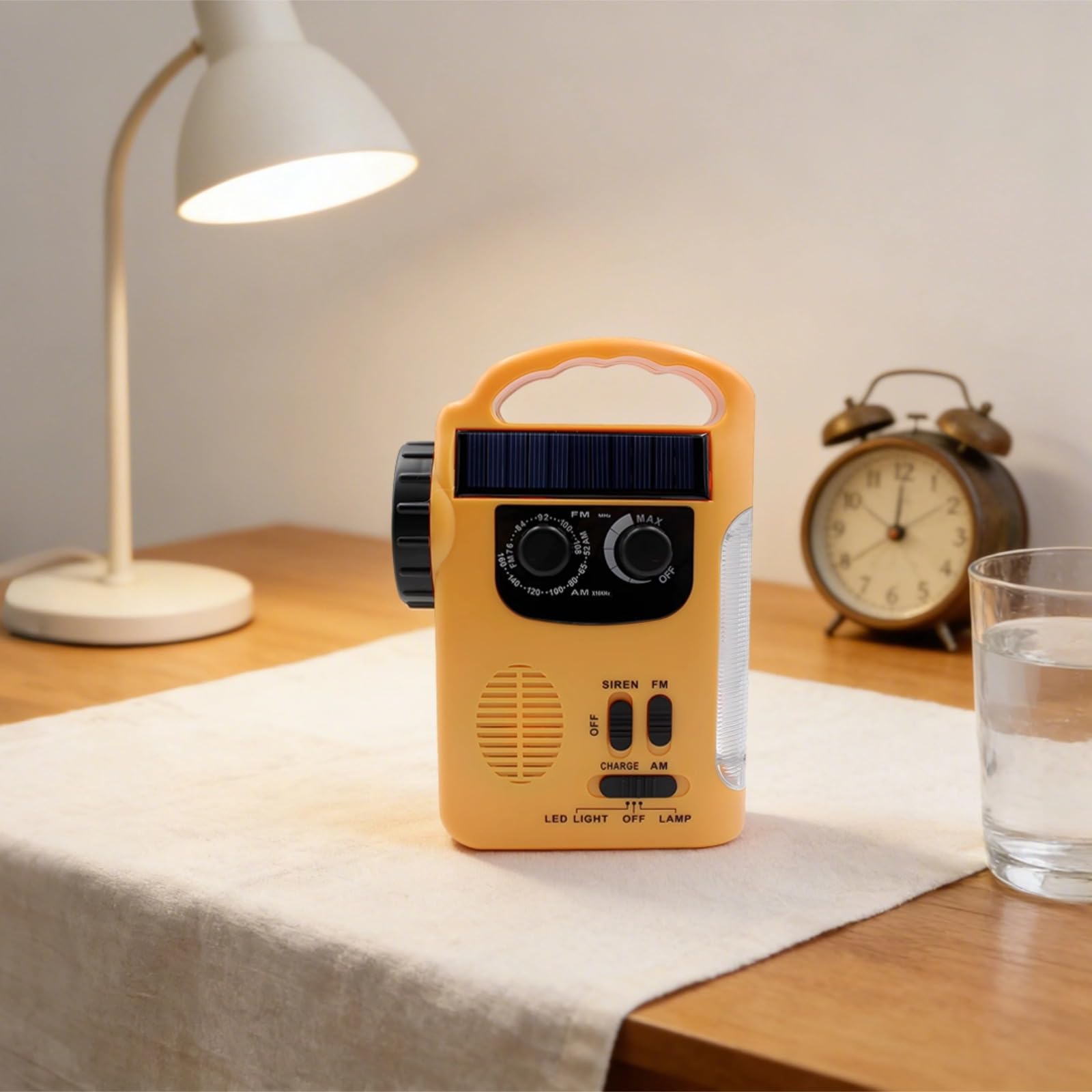 Radio korbowe słoneczne, przenośne radio awaryjne z AM/Fm, korbą ręczną, zasilanie słoneczne, latarka z 5 diodami LED, lampa do czytania z 8 diodami LED, system alarmowy na zewnątrz, do domu