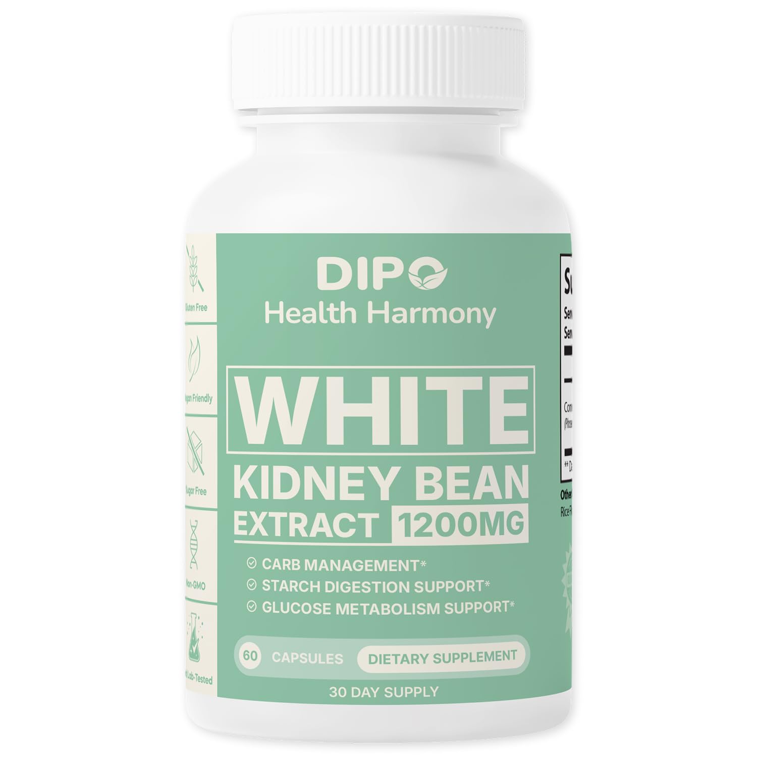 DIPO White Kidney Bean Extract Carb Blocker 1200mg - Appetite, Post-Meal Glucose & Weight Support - White Kidney Beans Supplement, Carb Control Supplements - 60 Vegan Capsules