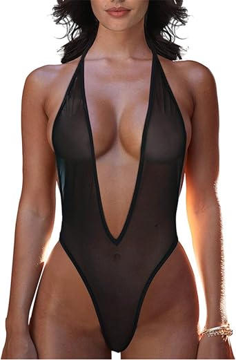 Women's Sexy Backless High Cut Swimsuit Deep V Halter Sheer Mesh Bodysuit