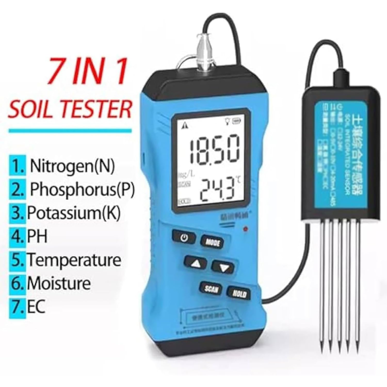 Probador de suelo 7 en 1, medidor digital NPK con pantalla LCD, mide nitrógeno, fósforo, potasio, rango de 0 a 1999 mg/kg, fácil de usar para césped, granja, plantas de jardín