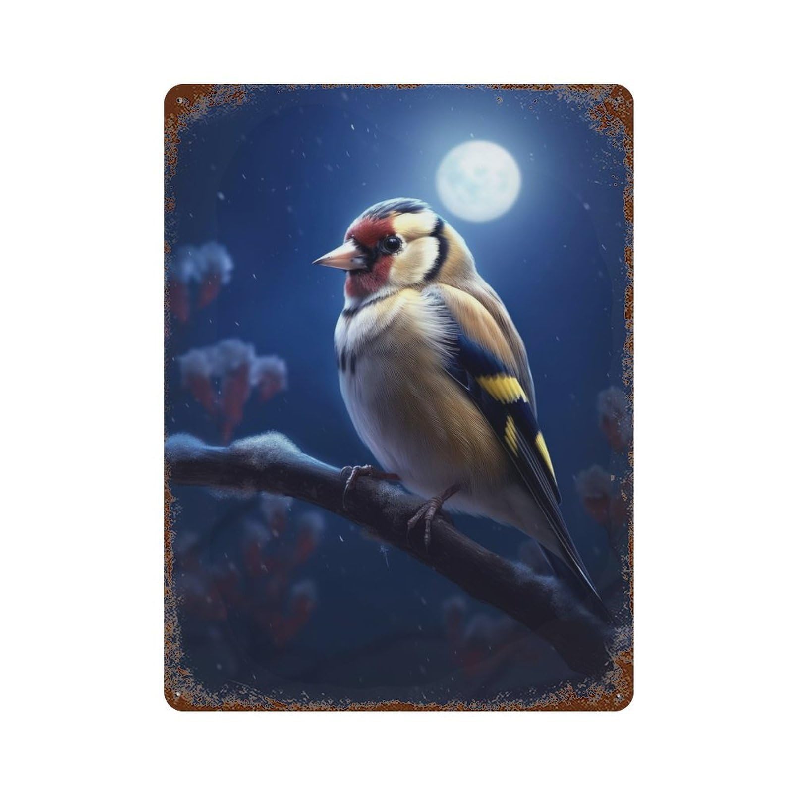 Bird Goldfinch Moonlight Rusty Metal Tin Sign 15.7"x11.8", for Pub, Kitchen And Man Cave Decor, Farmhouse Wall Decor