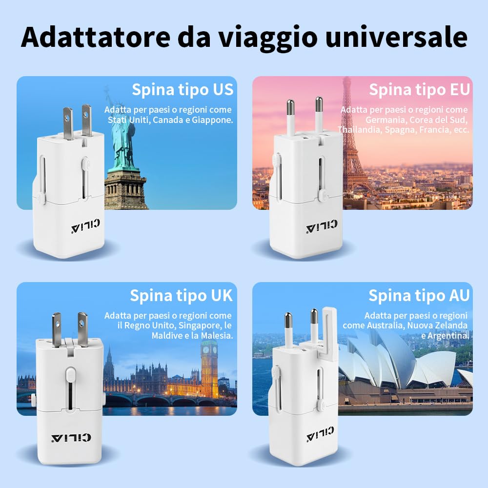 CILIA Adattatore Universale da Viaggio Presa Internazionale 150+ Paesi Spine US/UK/EU/AUS Compatto Bianco 2PCS