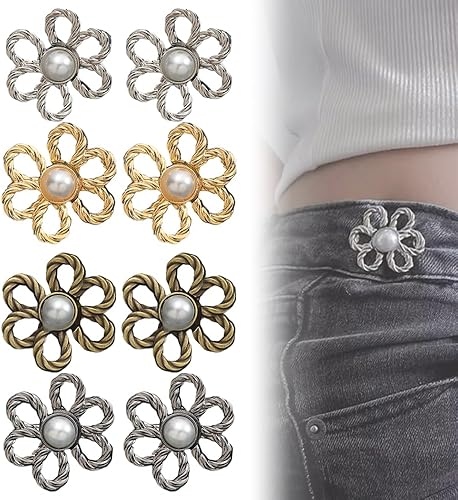 Miniatura 8 de Juego de 4 unidades de ajuste de cintura para pantalones, botones de flores para jeans sueltos, pantalones de mezclilla de flores, ajustador de 4