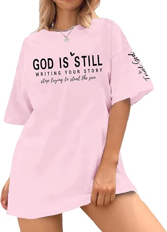 Pairxily Oversized Christian Shirts for Women Faith Bible Verse Graphic Tees God is Still Print Religious Casual Summer Tops