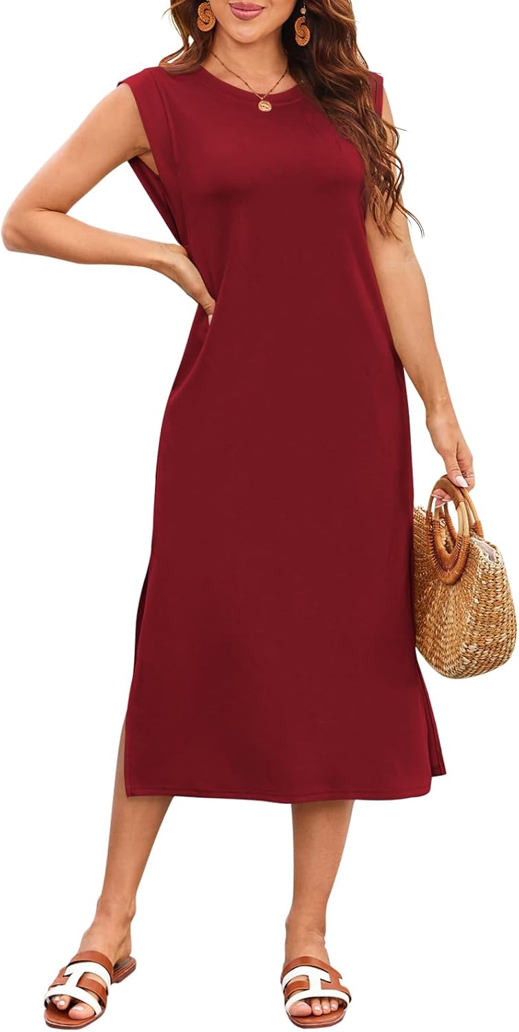 Naggoo Summer Dresses for Women 2026 Sleeveless Casual Split Midi Dress Maxi Beach Travel Vacation Sundress with Pockets