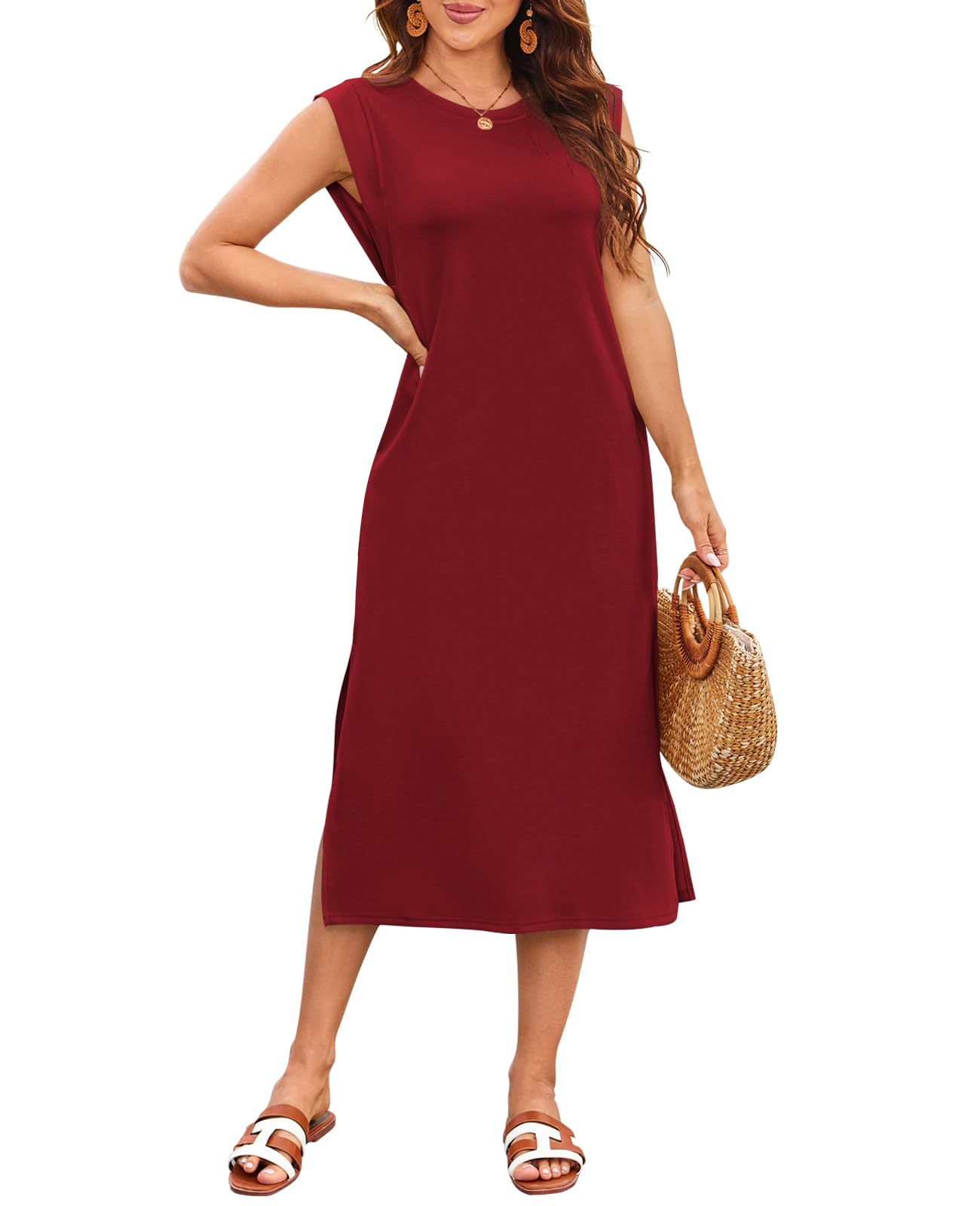 Naggoo Summer Dresses for Women 2026 Sleeveless Casual Split Midi Dress Maxi Beach Travel Vacation Sundress with Pockets