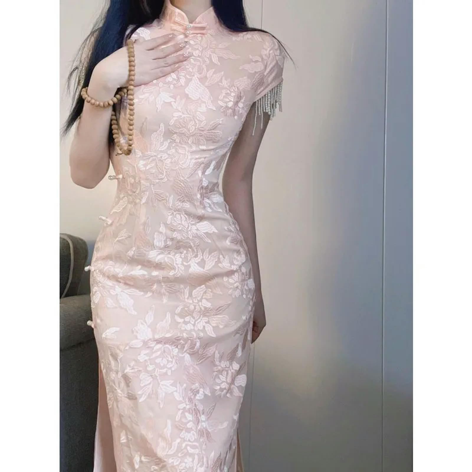 slim fit dress slacks Champagne Embroidered Belt Tulle Qipao Cheongsam Prom Dress