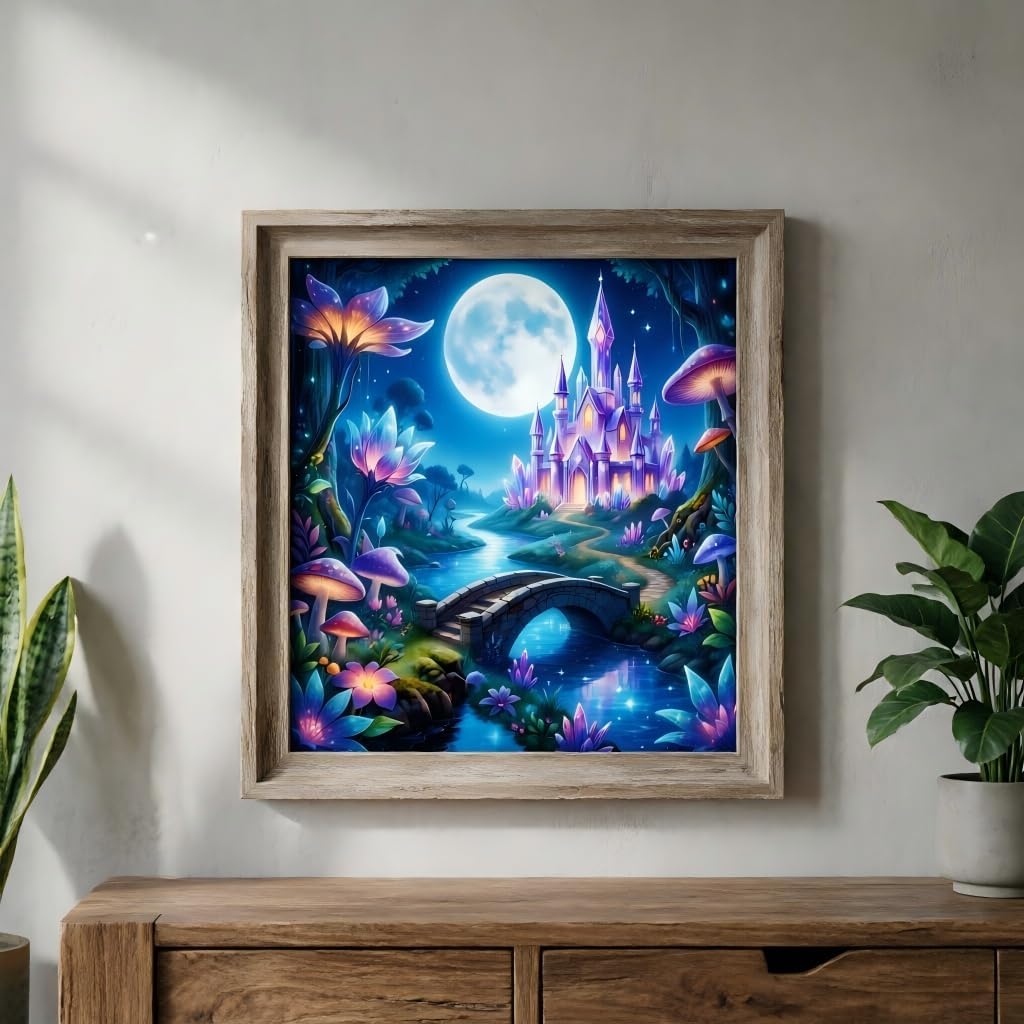 PRISMEELOOCY Magical Moonlit Castle Diamond Painting Kits for Adults, 5D Full Round Drill DIY Dot Gem Art, Enchanted Fairy Tale Castle with Glowing Flowers Mushrooms Home Wall Decor 14x14 Inch image 4