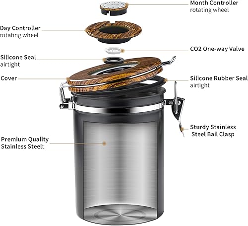 Miniatura 6 de Contenedor de café de 60.9 fl oz para almacenamiento de granos de café, recipientes herméticos de acero inoxidable para cocina, contenedor de