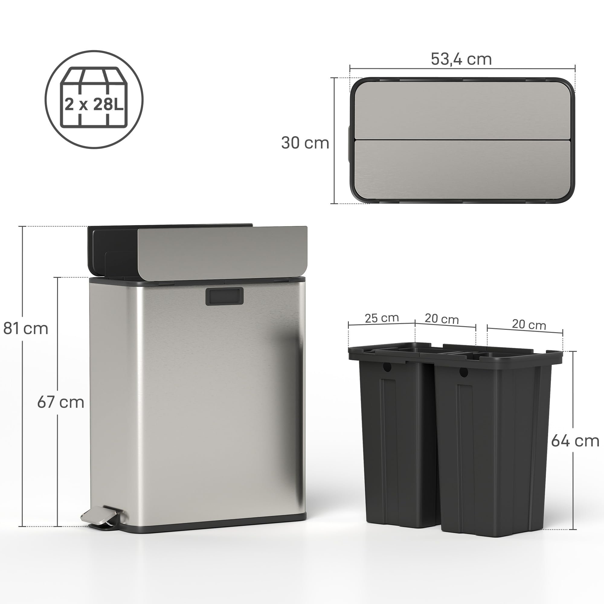 HOMCOM Küchenmülleimer 2 x 28L Edelstahl-Tretmülleimer mit Soft-Close-Schmetterlingsdeckel, herausnehmbaren Inneneimern, 2 Fächern, Mülltrennsysteme, für Recycling und Müll, Silberton