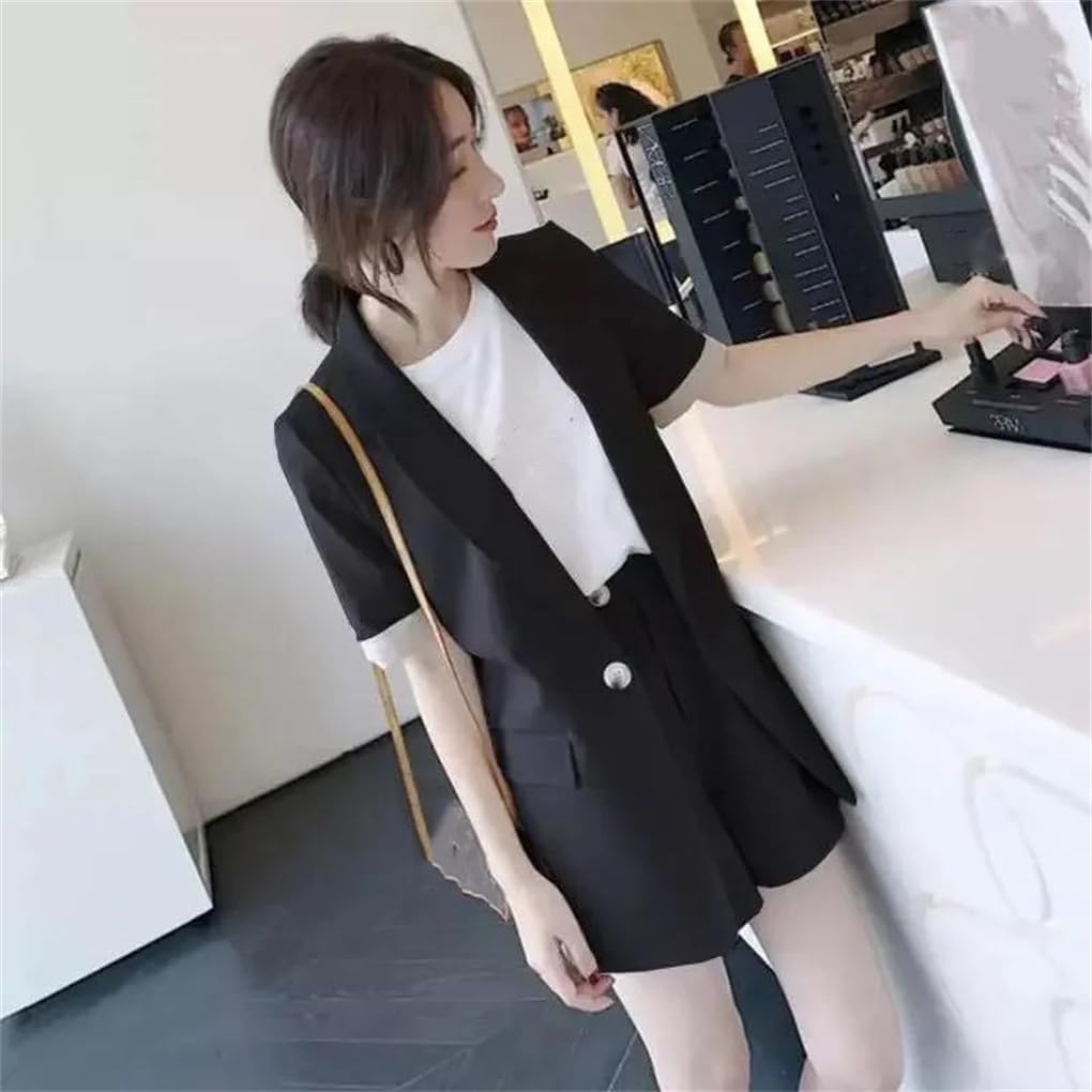 Women Solid Short Sleeve Blazer Set, Thin Blazer Wide Leg Shorts Temperament Two-Piece Outfits