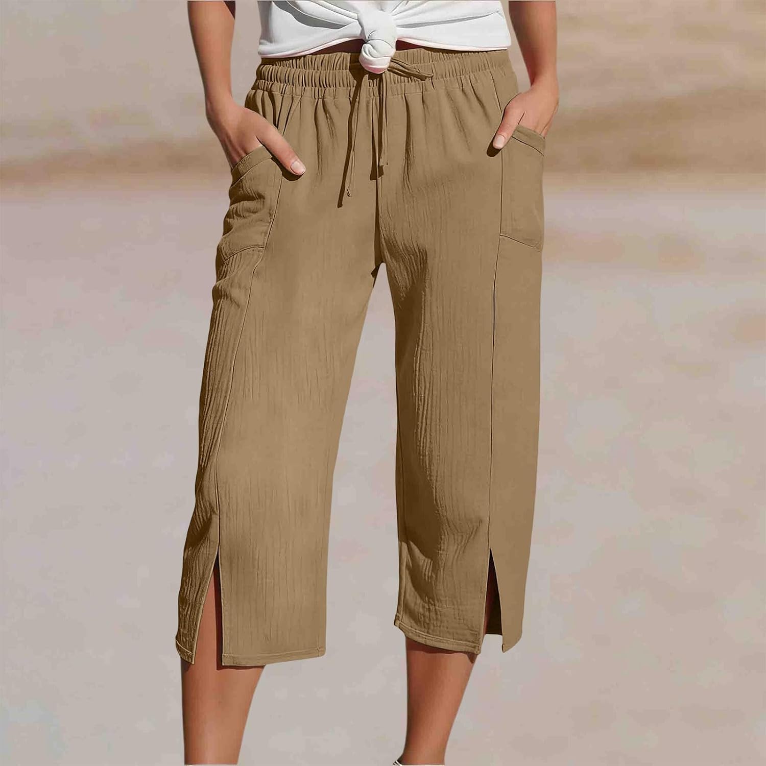 Capri Pants for Women High Waisted Drawstring Capris Slit Straight Leg Athletic Cropped Pants with Pockets