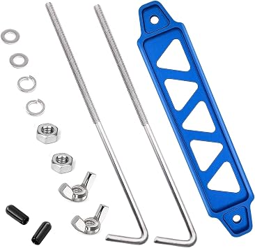 Tnisesm Blue Billet Aluminum Battery Hold Down Bracket with 18-8304 Stainless Steel 8 inch Bolts J Bolts