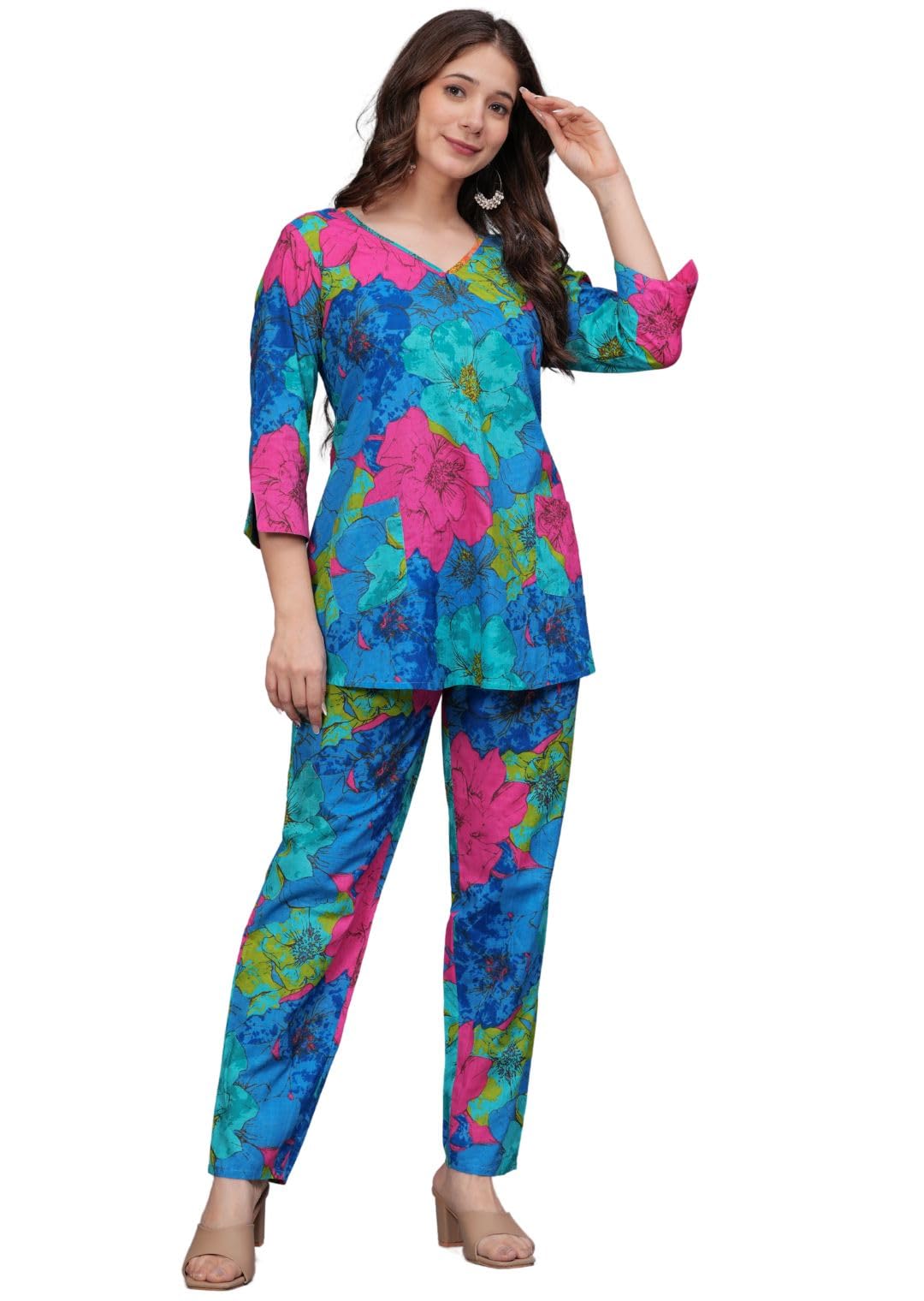 Rytras Women's Pure Cotton Printed Straight Kurta Set With Palazzo Pants - Ethnic Wear, Blue(Ryt606-New,L)