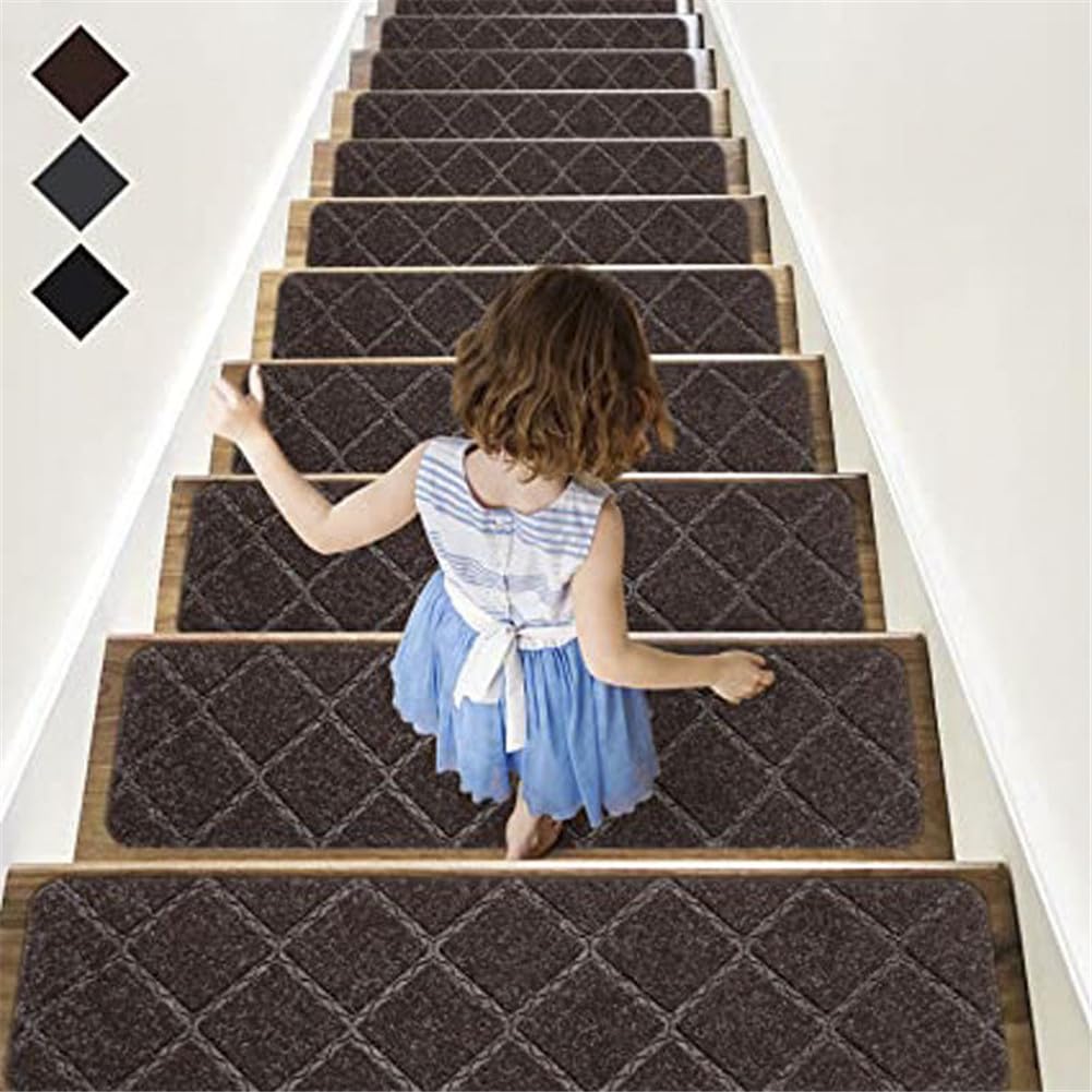 TYYCKJ Carpet Stair Treads Self Adhesive, 20x76cm Non-Slip Carpet Stair Runner Carpet Stairs Mats Removable Reused for Kids Elders and Pets (5pcs,rhombic brown)