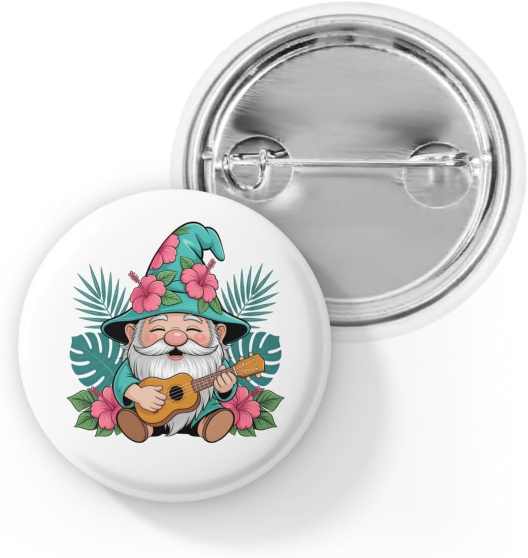 Tropical Gnome Pin Button – Cute Beach Gnome Playing Guitar – Summer Vacation Pin Back Badge for Beach Lovers, Hawaiian Gift