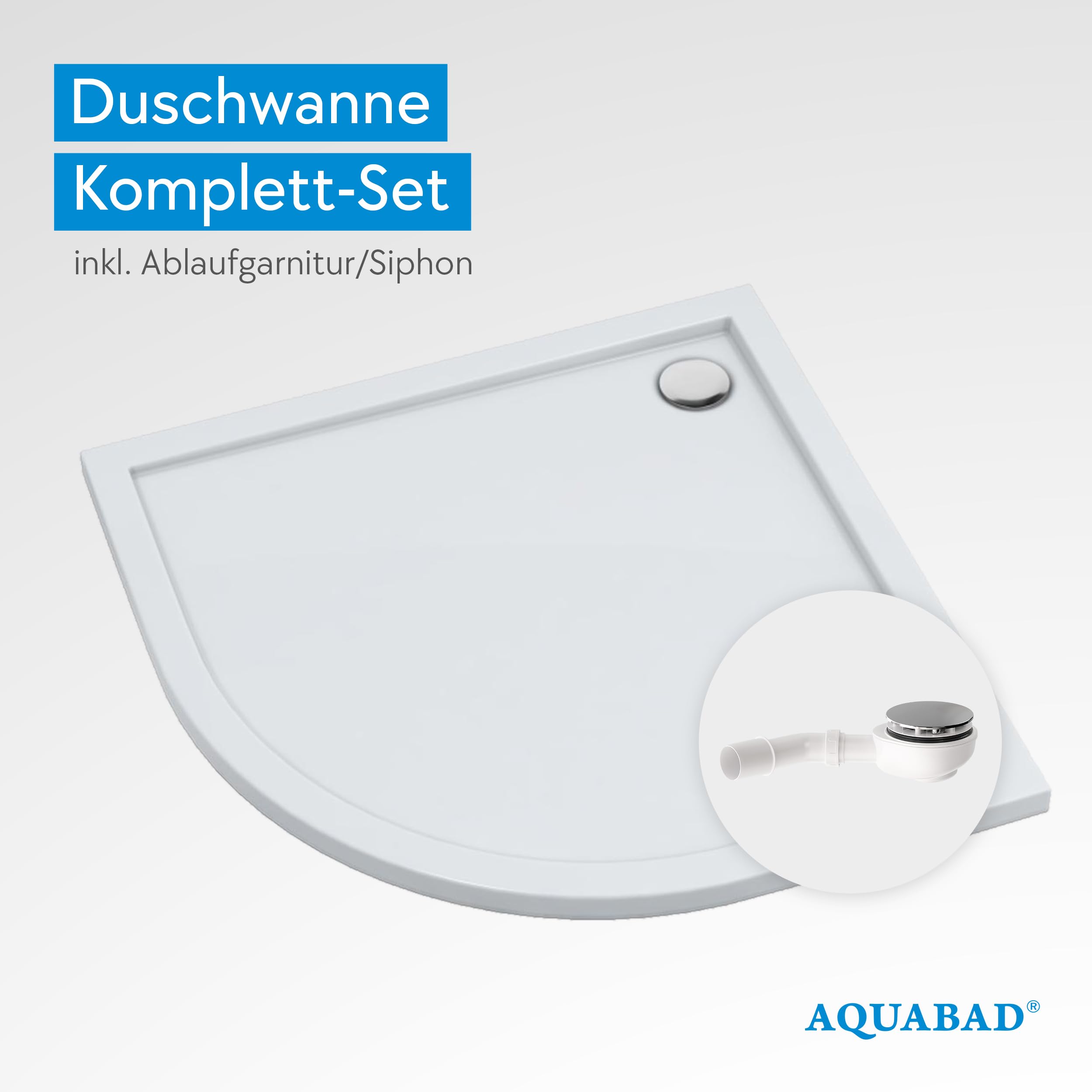 Receveur de douche AQUABAD Villa avec technologie LeakProtect Smooth White 80x80cm quart de cercle R55, avec bonde d’évacuation A9.200