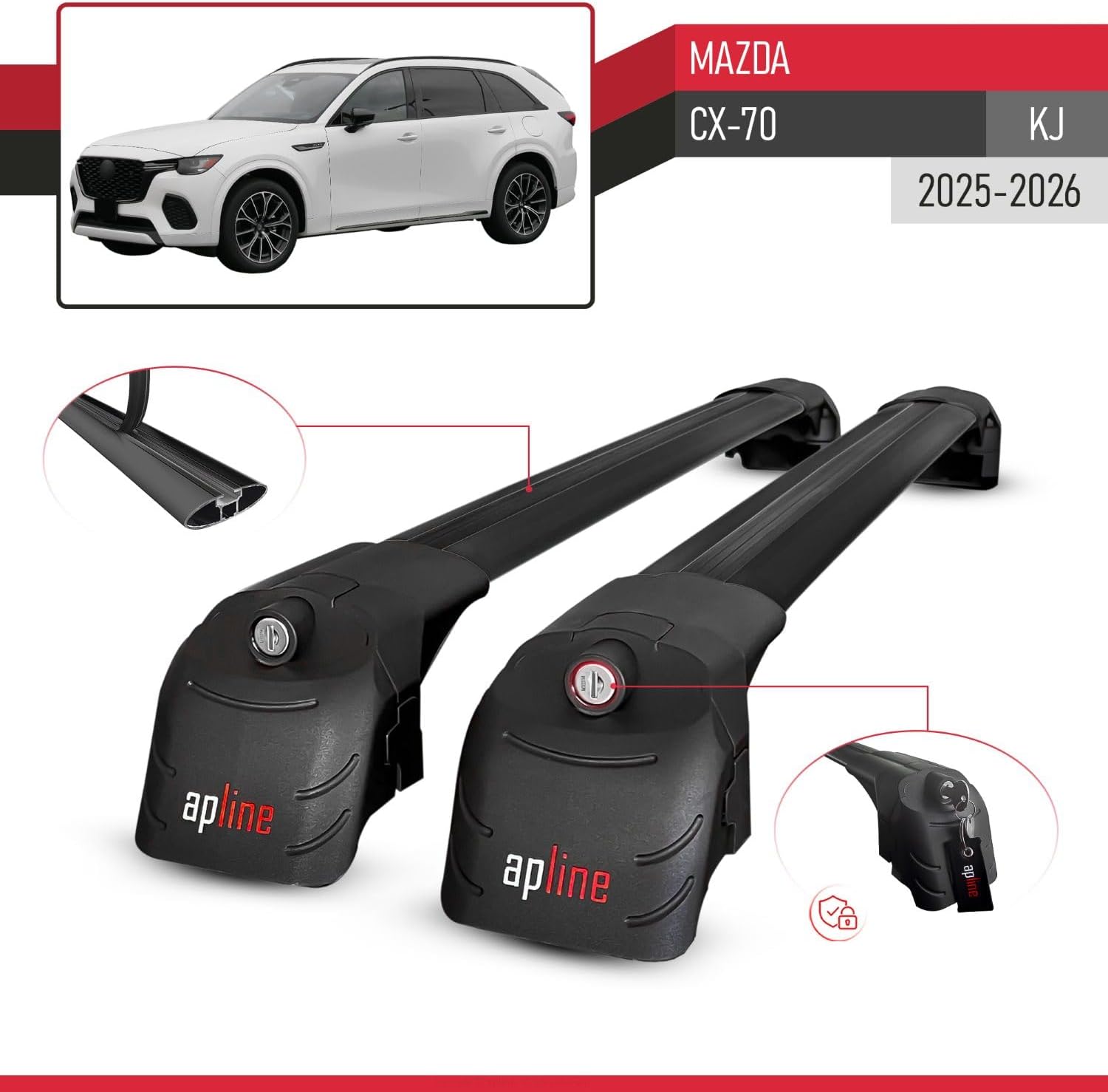Compatible with Mazda CX-70 (KJ) 2025-2026 ACE-2 Type Car Roof Rack Cross Bar Black Aluminium Bars