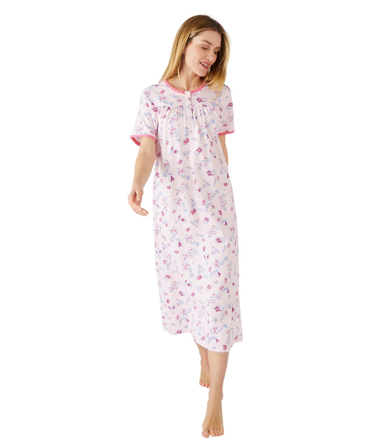 Damart Floral Cotton Jersey Nightdress Women Nightwear Round Neck Short Sleeves Pink