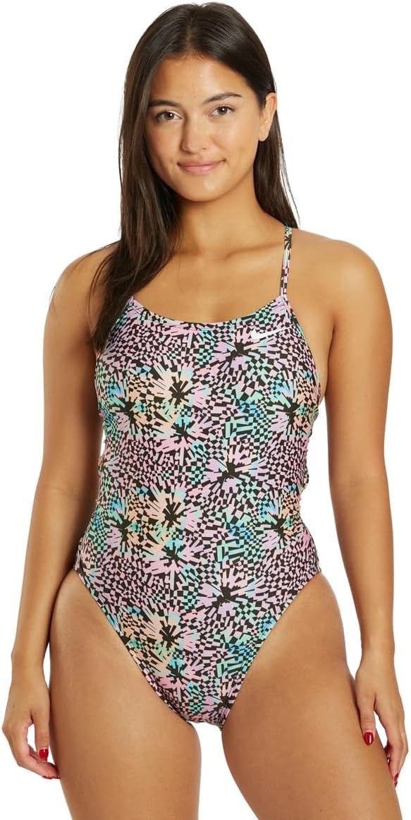 NikeWomen's HydraStrong Multi Print Lace Up Tie Back One Piece Swimsuit Pink Bloom, 32