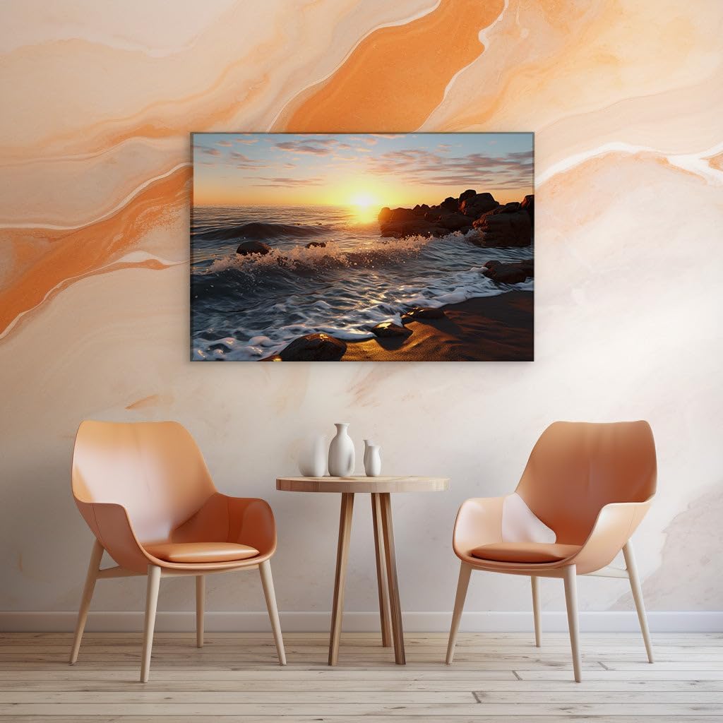 Canvas for Living room. Sunset Serenity: Where Golden Skies Kiss the Foamy Seas, 27 x 18 inch Canvas Wall Art - Contemporary Masterpieces - Modern Home Decor - 69x46 cm (27x18 inch)