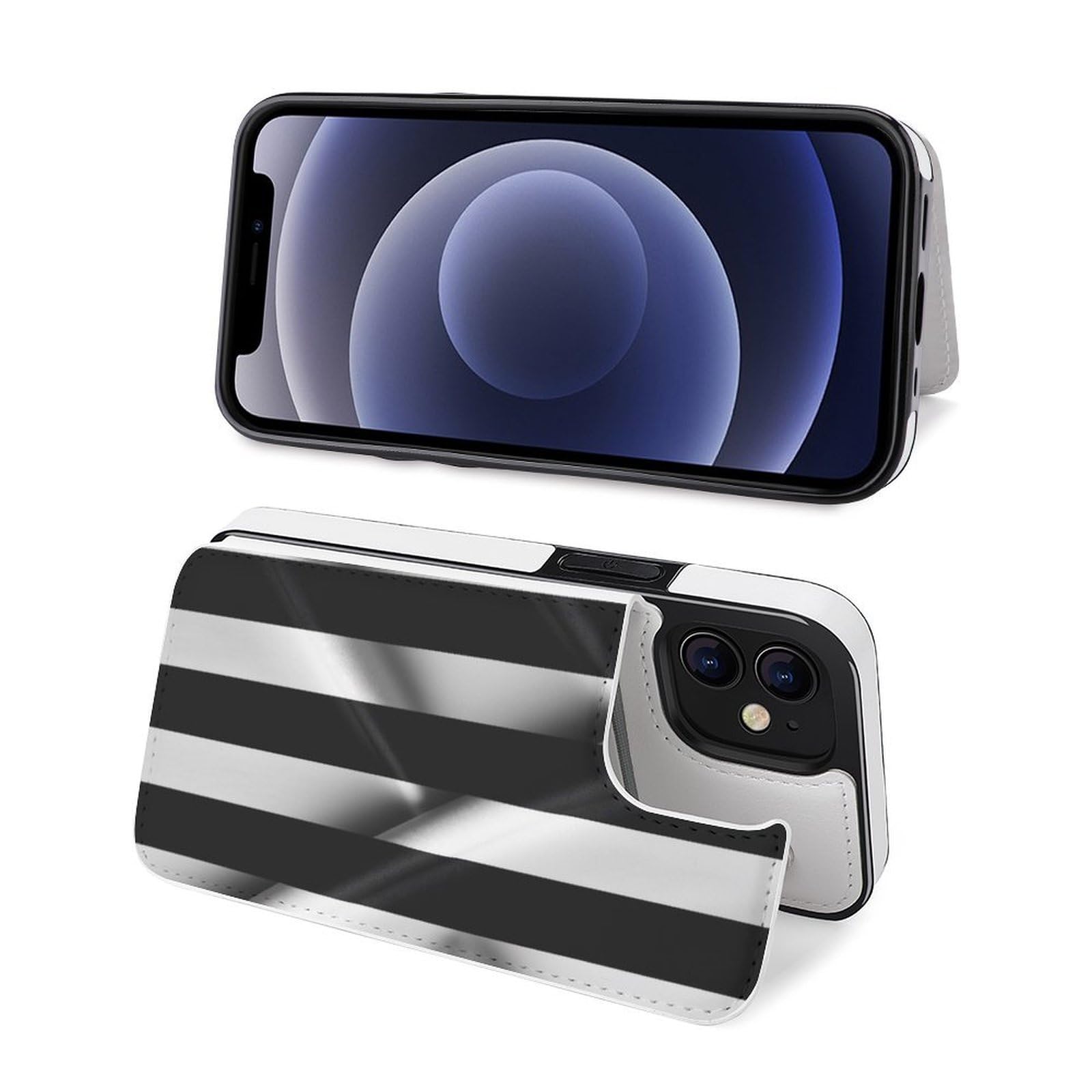 Funda tipo cartera para iPhone 12, diseño de rayas blancas y negras, funda de piel con ranuras para tarjetas