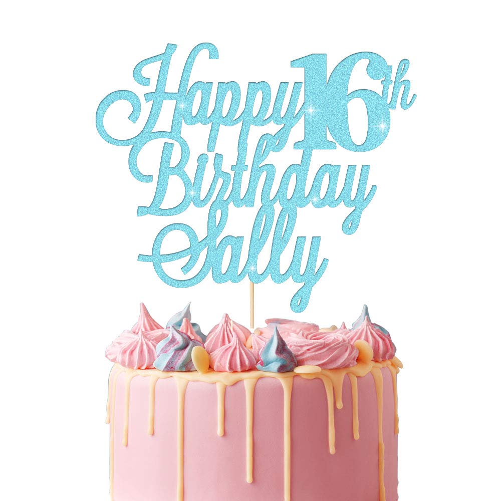 EDSG Personalised Happy Birthday Cake Topper | Custom Cake Decoration with Any Name Age | Multicolour Glitter Cake Topper 16th 18th 21st 30th 40th 60th | Baby Blue