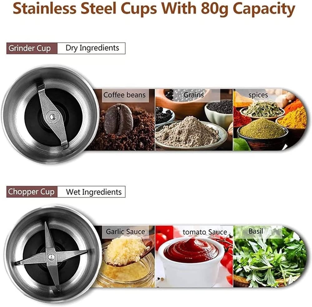 Electric Coffee Grinder and Spice Grinder with 2 Stainless Steel Blades Removable Bowls for Grinding Dry Food and Chopping Wet Food