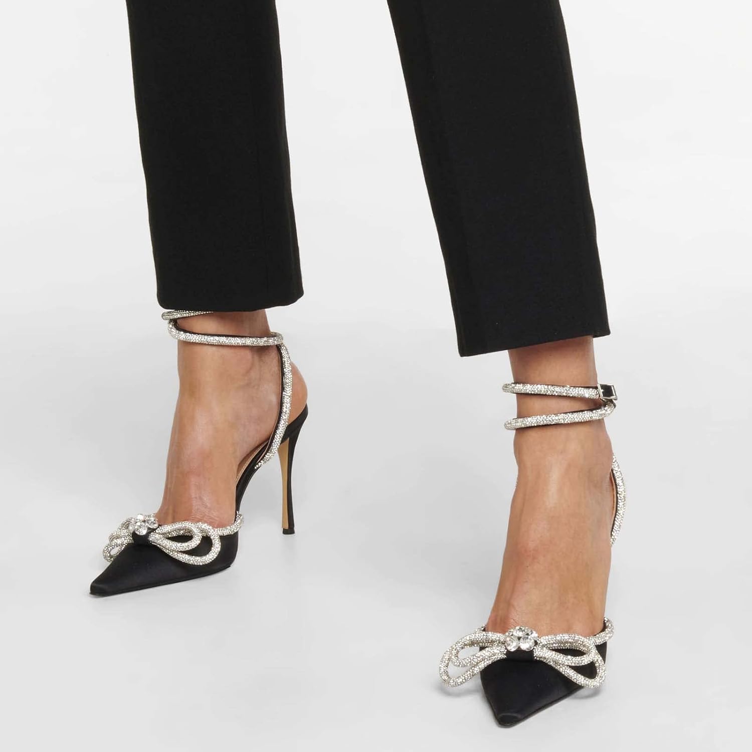 LauraVicci Women's Heeled Sandals Pointed Toe Crystal Embellished Bow Ankle Straps Rhinestone Buckle Stiletto Slip On Evening Dress Party Wedding Pumps Shoes - Image 3