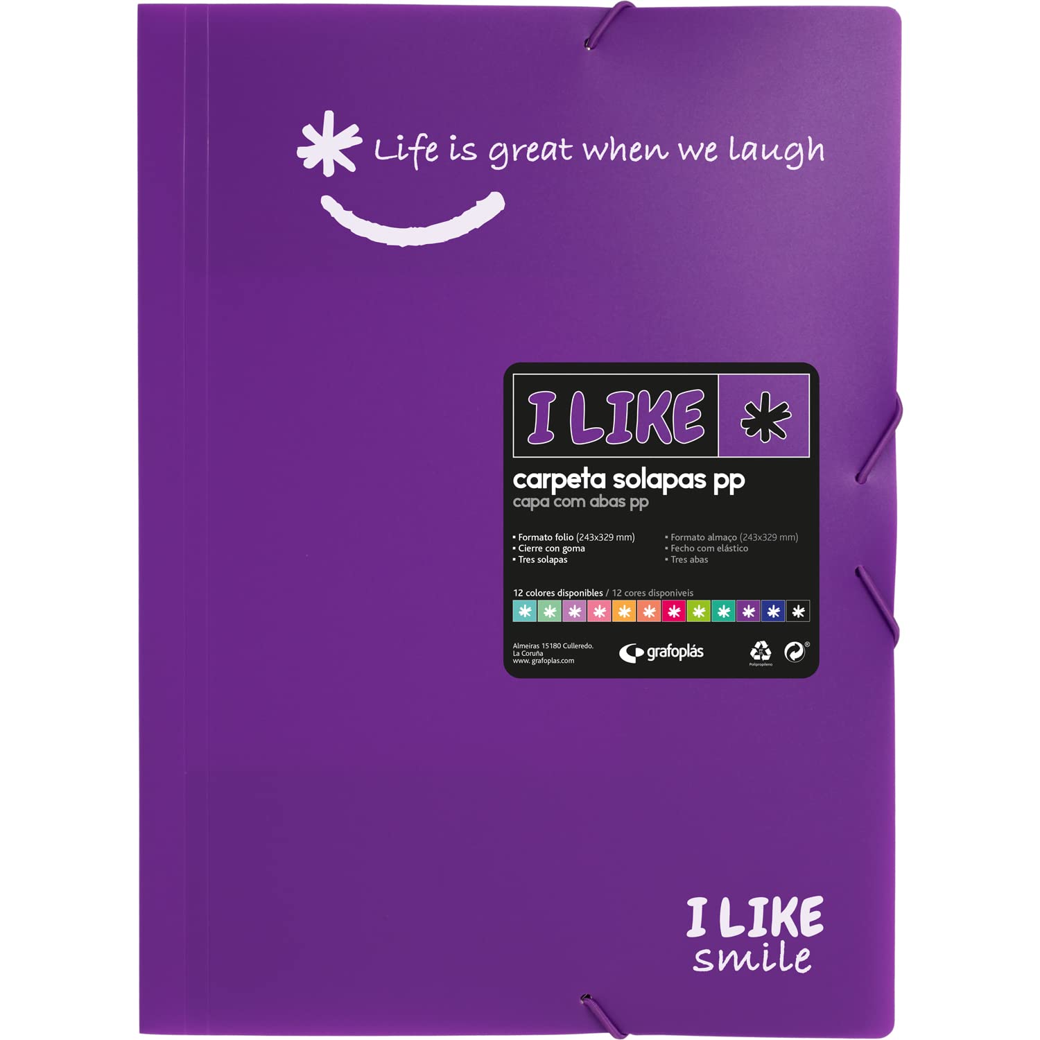 Grafoplás 4800835. School Folder Three Lapels and Rubbers, Purple, Folio Size, Rubber Closure, Opaque Polypropylene, Like