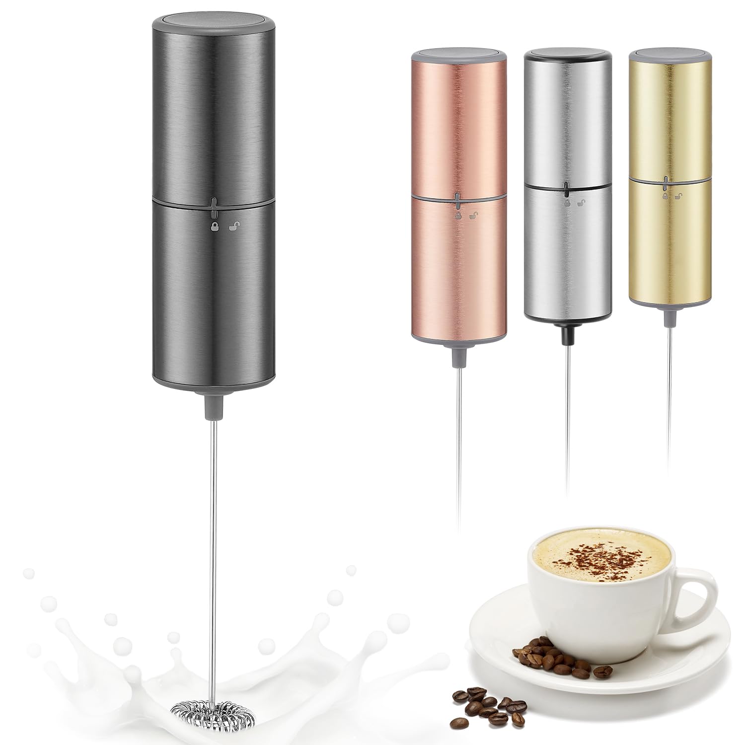 Battery Operated Milk Frother, Handheld Coffee Frother with Stainless Steel Whisk for Latte, Cappuccino, Matcha &amp; Protein Powder, Requires 2 AA Alkaline Batteries (Not Included), Gunmetal