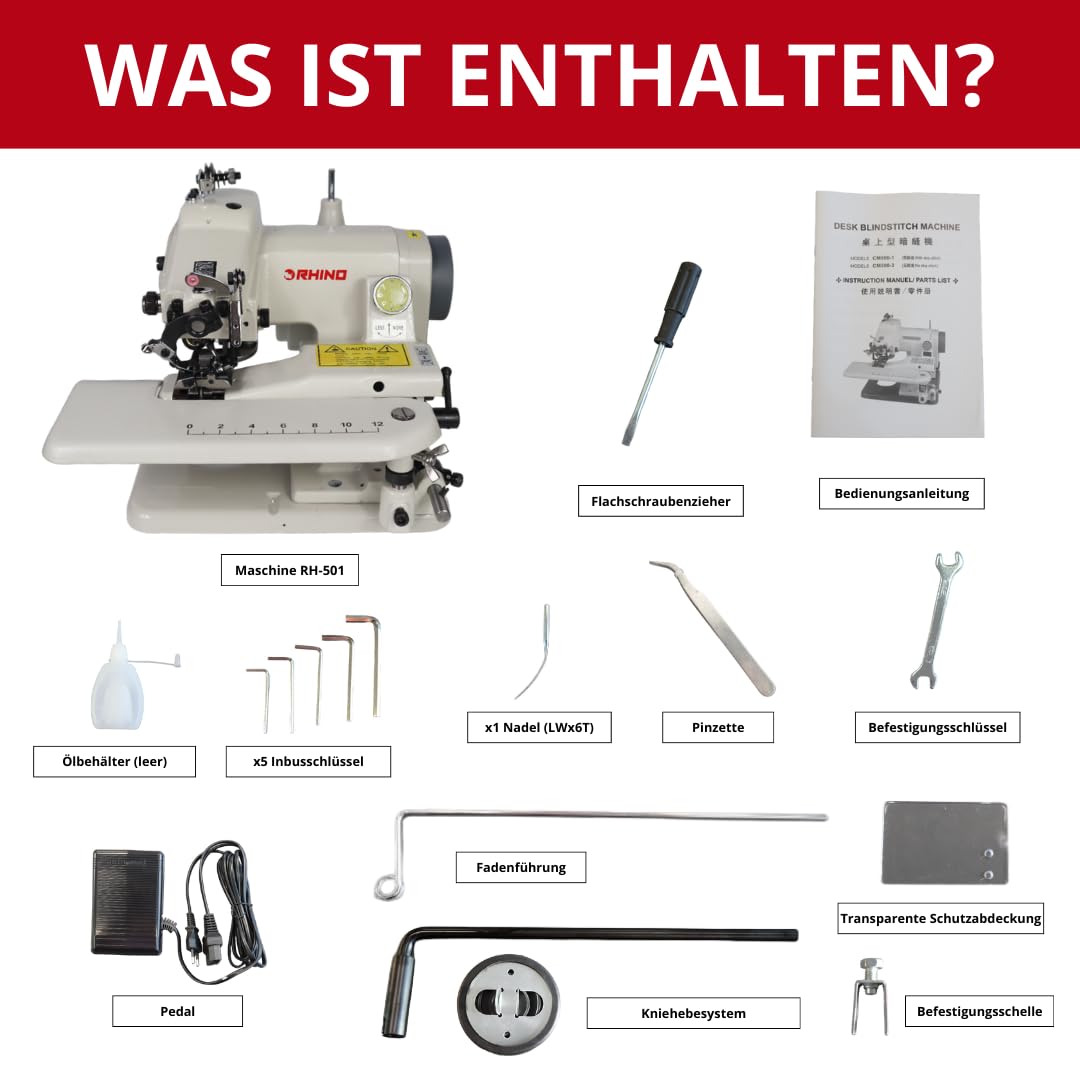 RHINO Smart Solutions - Tragbare Semi-Industrie-Nähmaschine mit unsichtbarem Stich, RH-501, feine Stoffe und halbe Säume unsichtbar an Hosenbeinen, Kleider (mit/ohne Stichsprung)