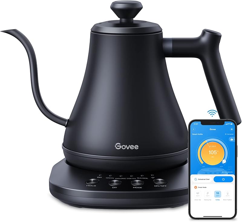Hervidor eléctrico inteligente, hervidor de té con cuello de cisne de temperatura variable WiFi | Hervidor de agua y tetera eléctrica, control Alexa, calentamiento rápido de 1200 W, totalmente de acero inoxidable, 0,8 L, negro mate