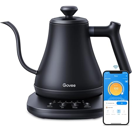 Govee Smart Electric Kettle, WiFi Variable Temperature Control Gooseneck Kettle, Pour Over Kettle and Tea Kettle, Alexa Control, 1200W Quick Heating, 100% Stainless Steel, 0.8L, Matte Black